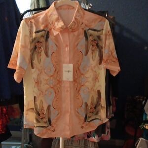 Womens Sz M Peach Design Blouse Short Sleeves